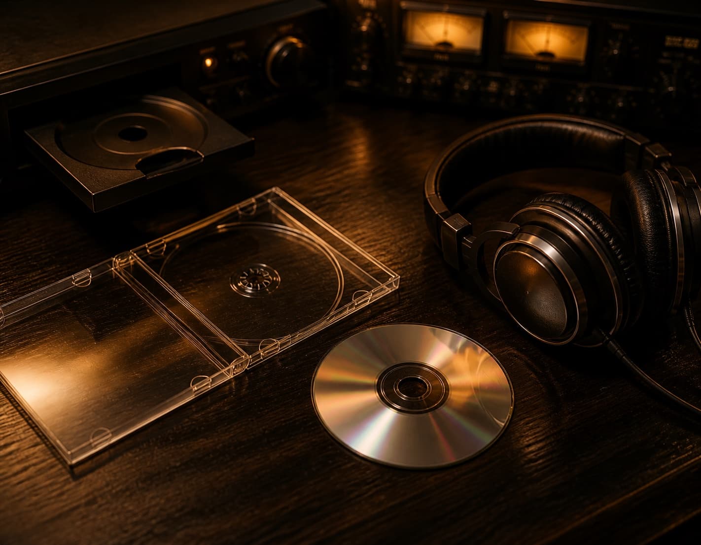 An open jewel case, compact disc, headphones, and vintage player on a dark studio desk