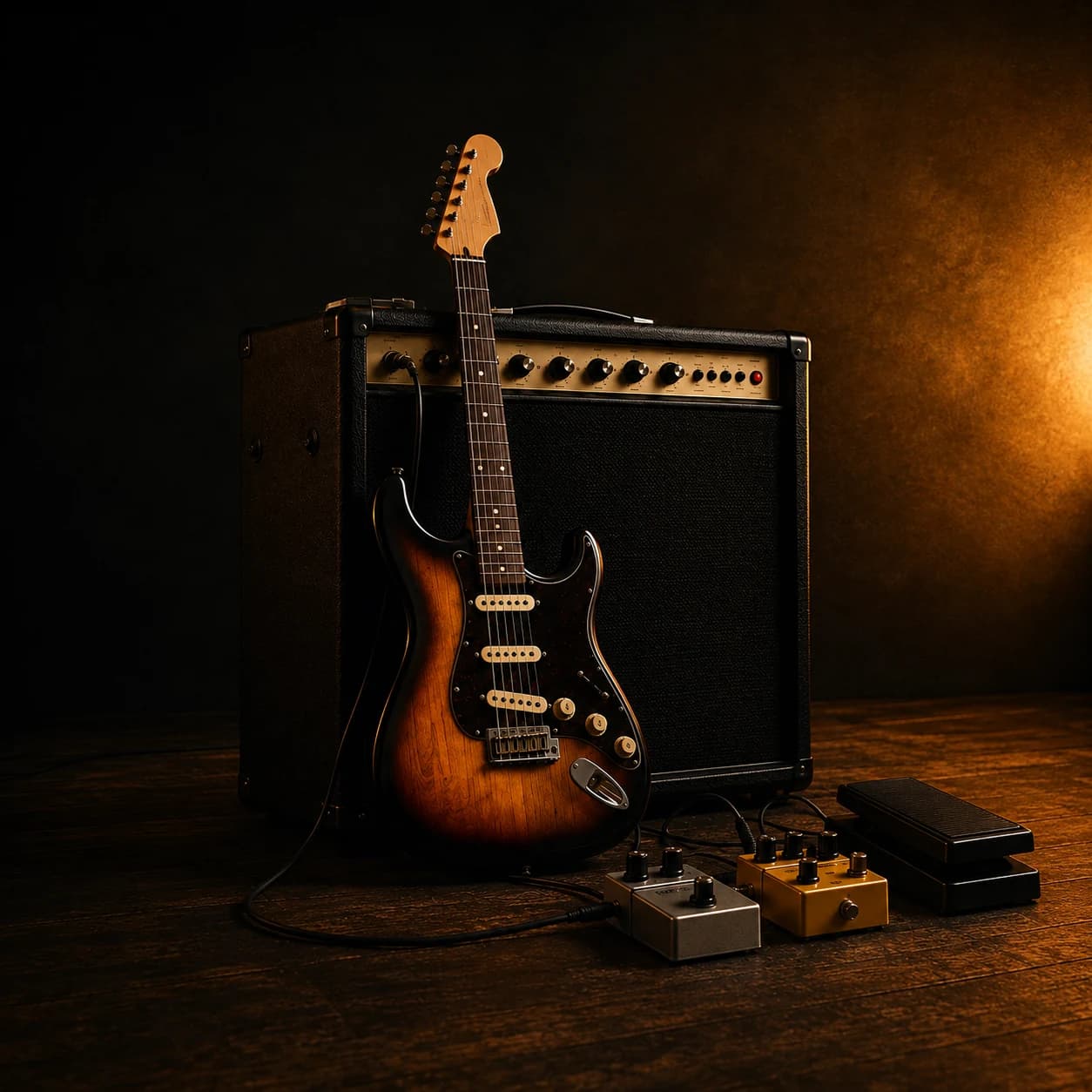 A sunburst electric guitar, amplifier and effects pedals in warm studio lighting.